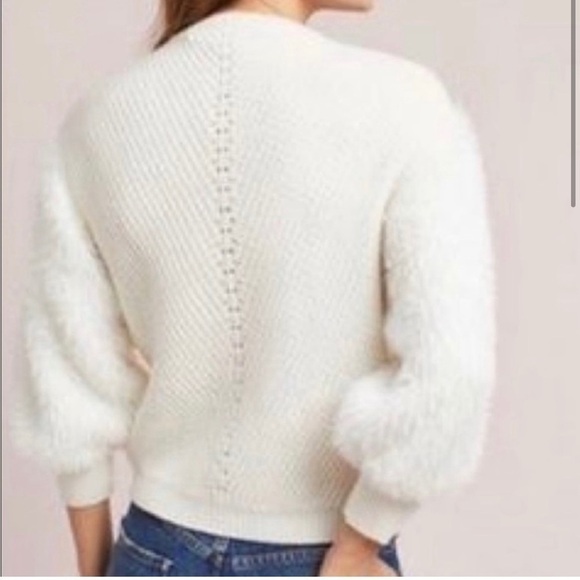 Anthropologie Knitted & Knotted Fuzzy Sleeve Knit Wool Blend Sweater Ivory Cream - Picture 3 of 8